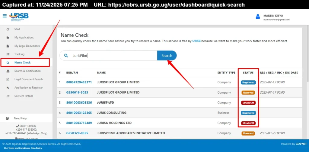 carry out a name search with URSB