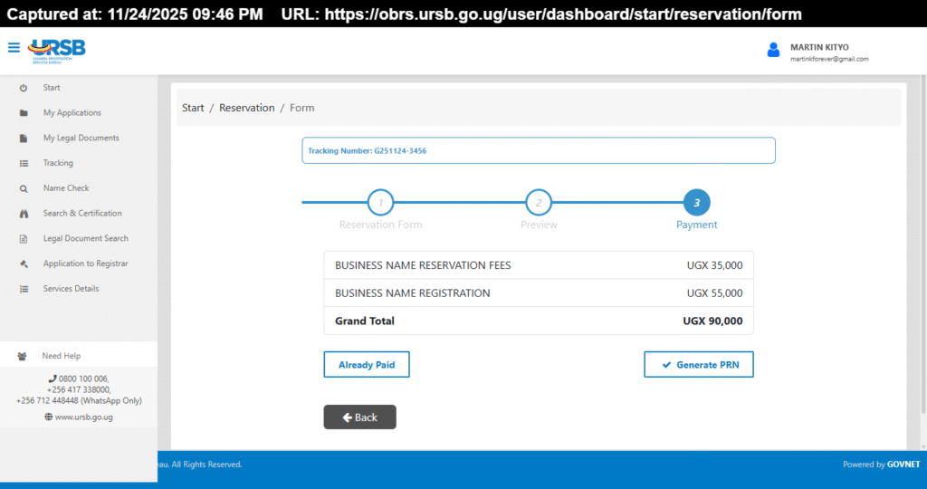 register or reserve business or company name with ursb