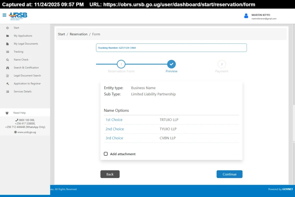 Register or reserve business or company name with ursb preview page
